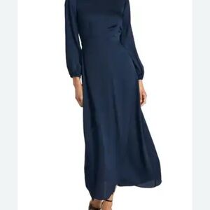 NWT Donna Morgan Navy Blue Wavy Fabric Long Sleeve Back Tie Maxi Dress Size US 4